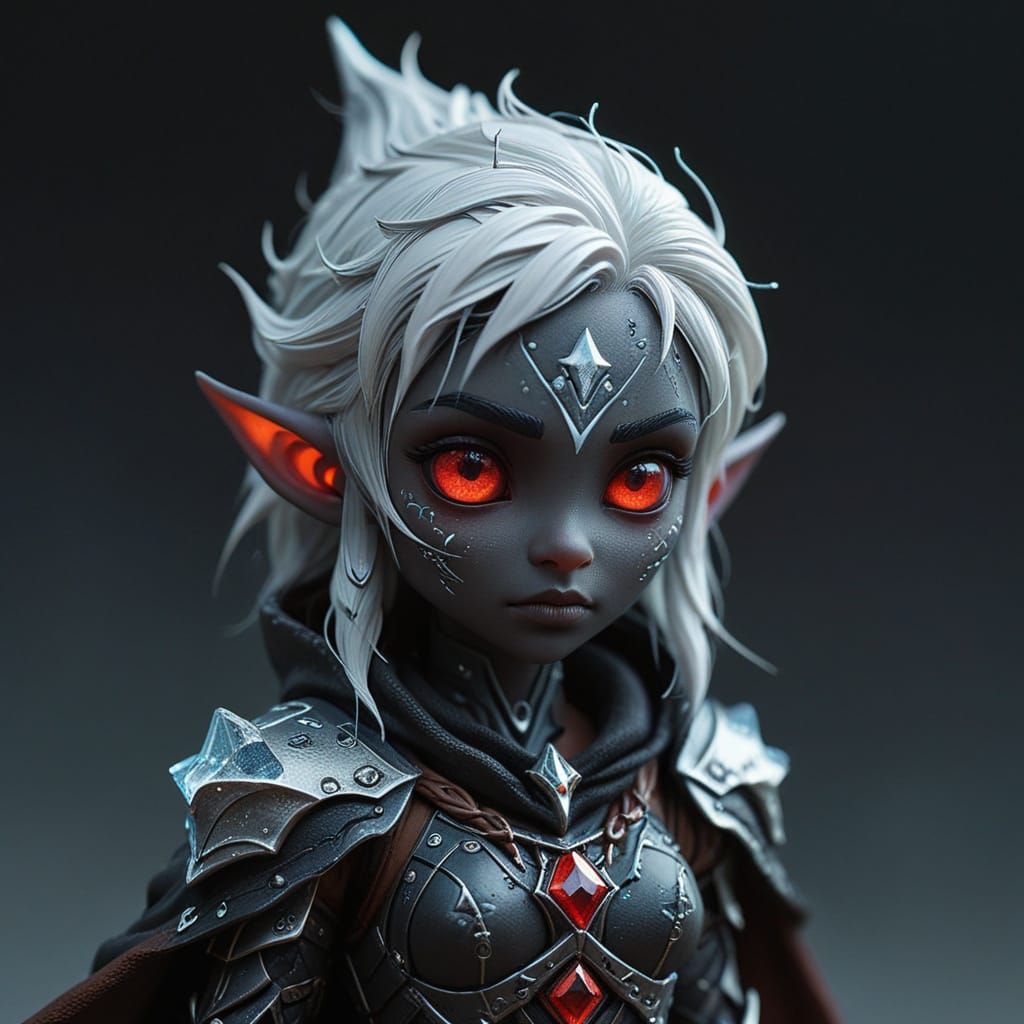 Mystical Chibi Drow Elf Sorceress in Dark Fantasy Art