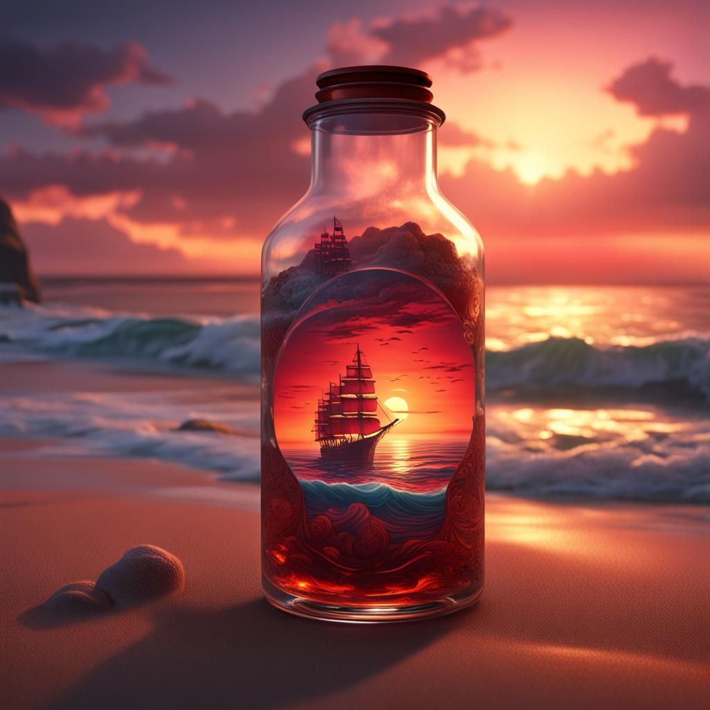 Ship in a Bottle at Crimson Sunset