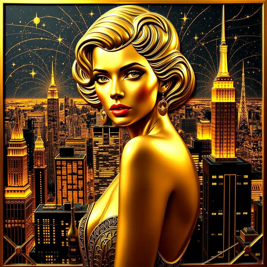 Golden Art Deco Sculpture of Woman in City