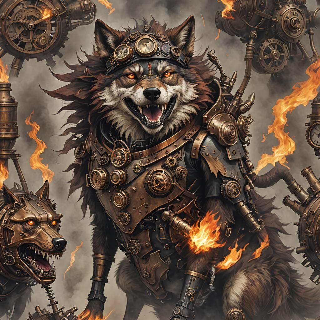 Steampunk Pyromancer Wolf Illustration