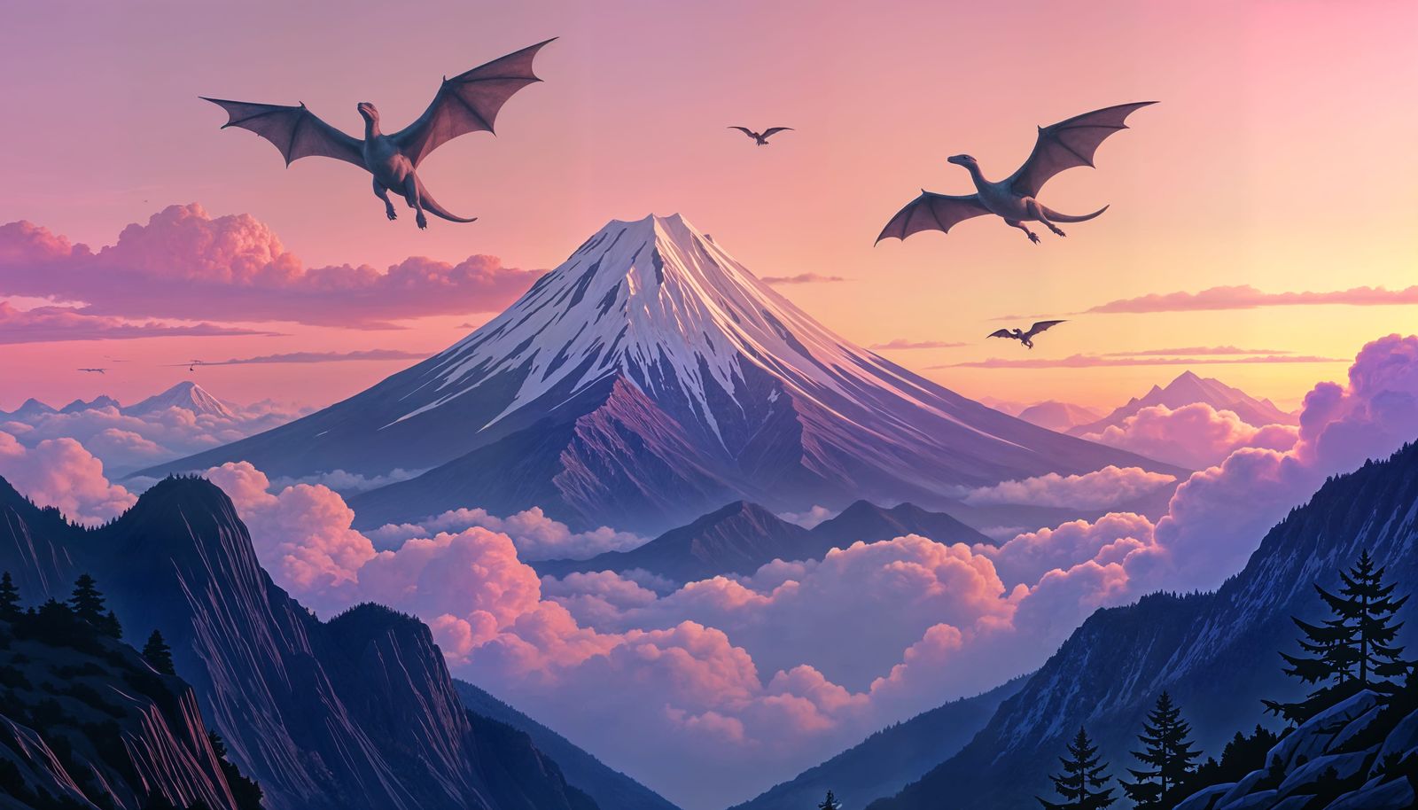 Alien World Mountaintop with Flying Dinosaurs