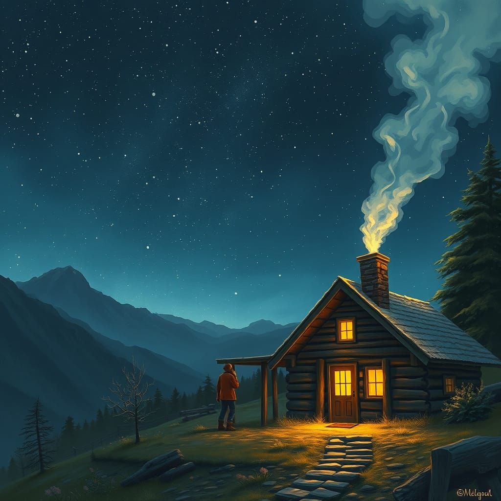 Cozy Mountain Cabin Under Starry Night Sky