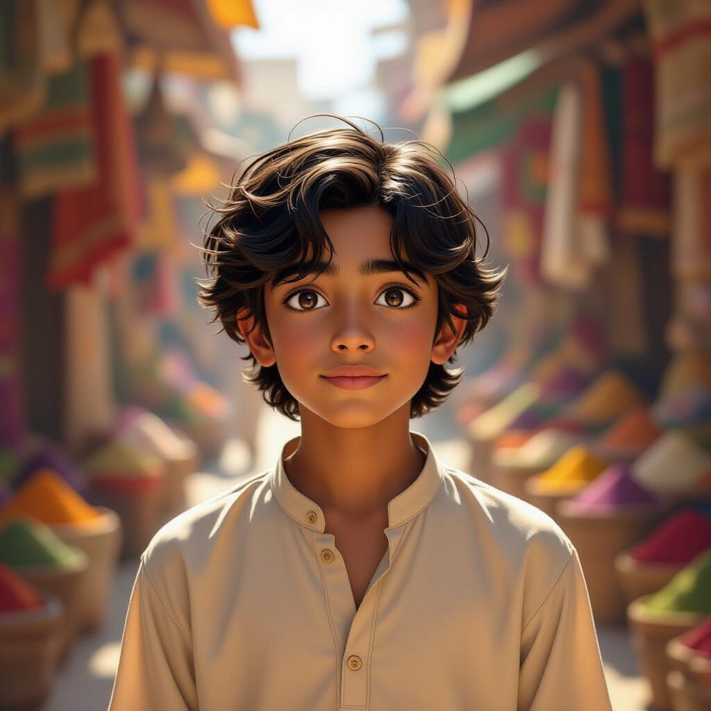 Indian Boy in Bustling Marketplace Digital Painting