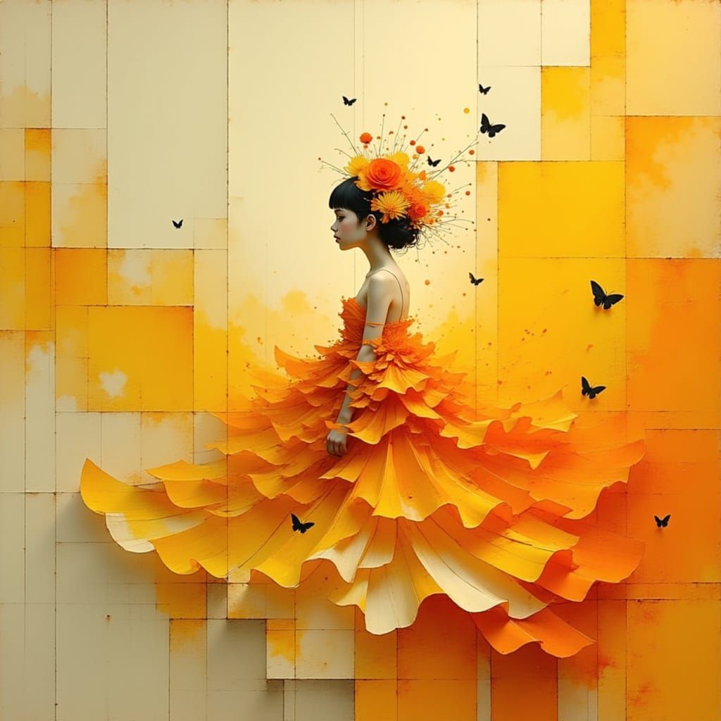 Radiant Woman in Citrus Light Gown with Butterflies