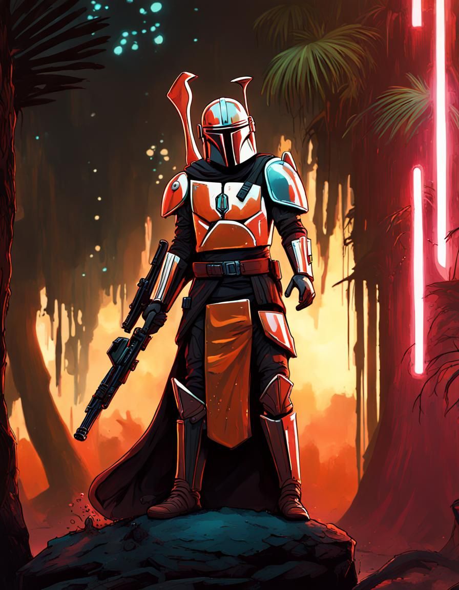 Mandalorian Crusader in Dxun Swamp: Cyberpunk Neon