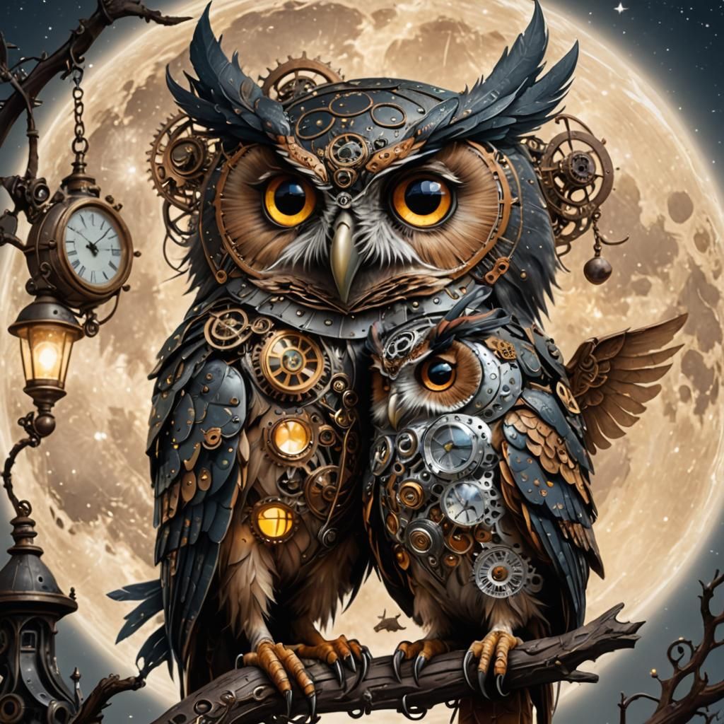 Steampunk Owls Under Crescent Moonlight