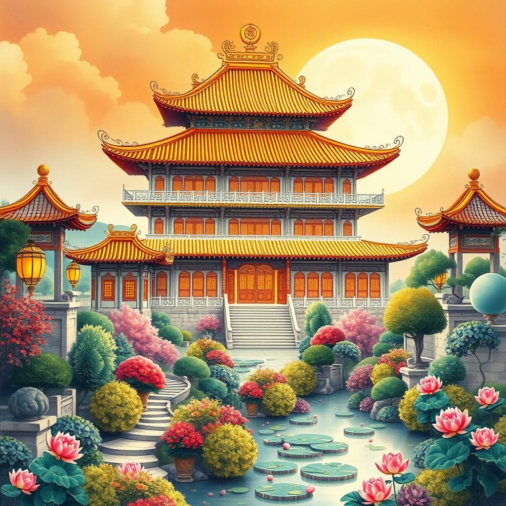 Ornate Moon Palace in Chinese Watercolor Style