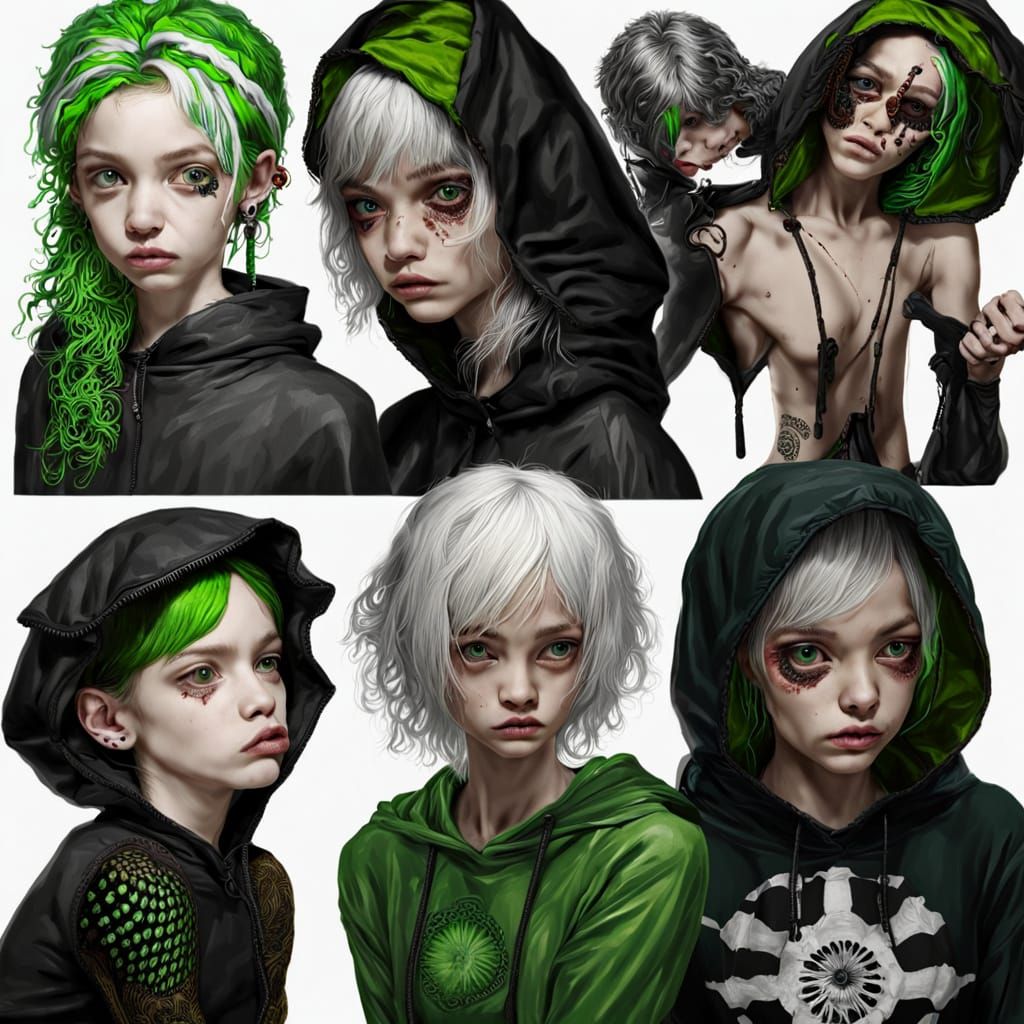 Ethereal Emo Goddess in Striped Hair and Piercing Green Eyes