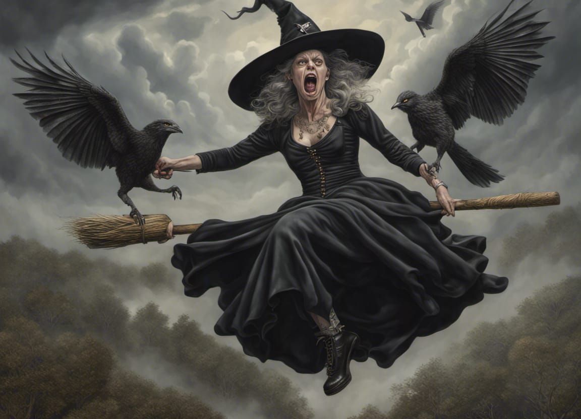 ferocious witch, flying on broomstick