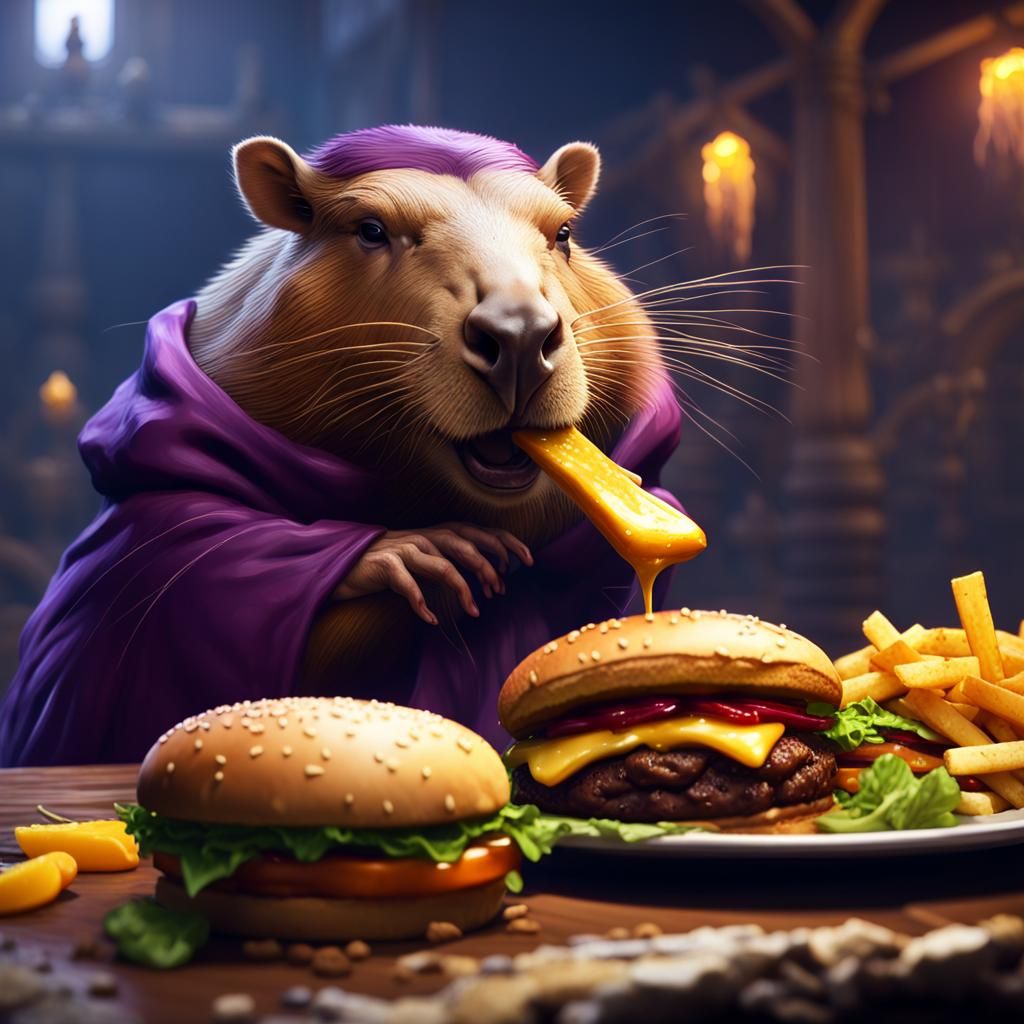 Capybara's Hamburger Feast: Dark Fantasy Art