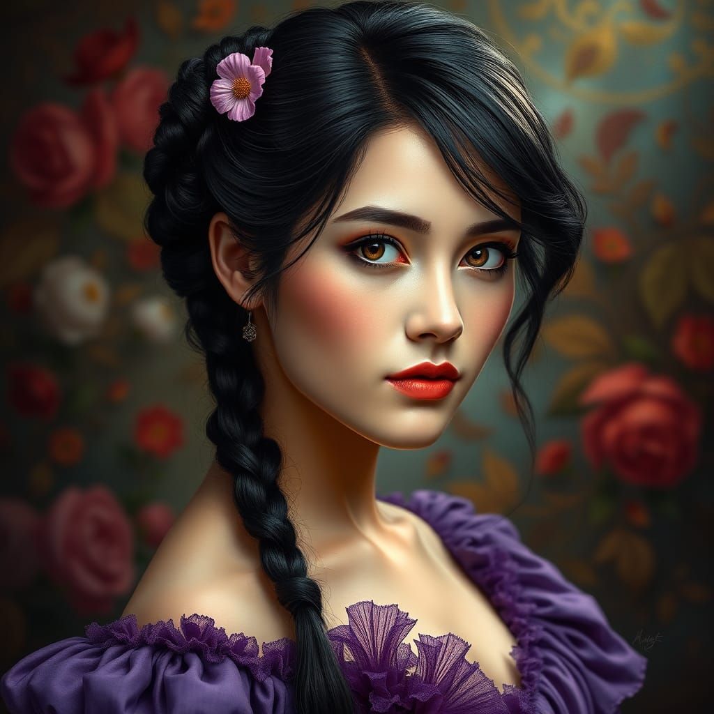 Victorian Woman Portrait with Flowers, Hyperrealistic Art