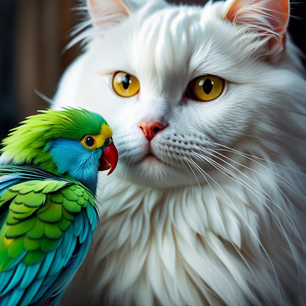 Cute Cat Cuddles with Colorful Parakeet in HDR