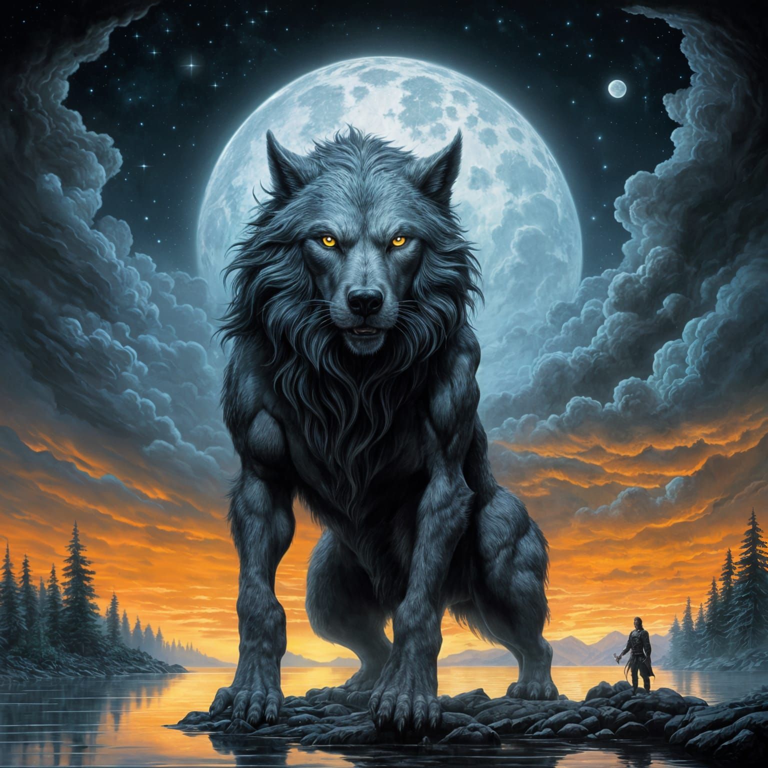 Majestic Dark Grey Werewolf Basks in Moonlit Serenity