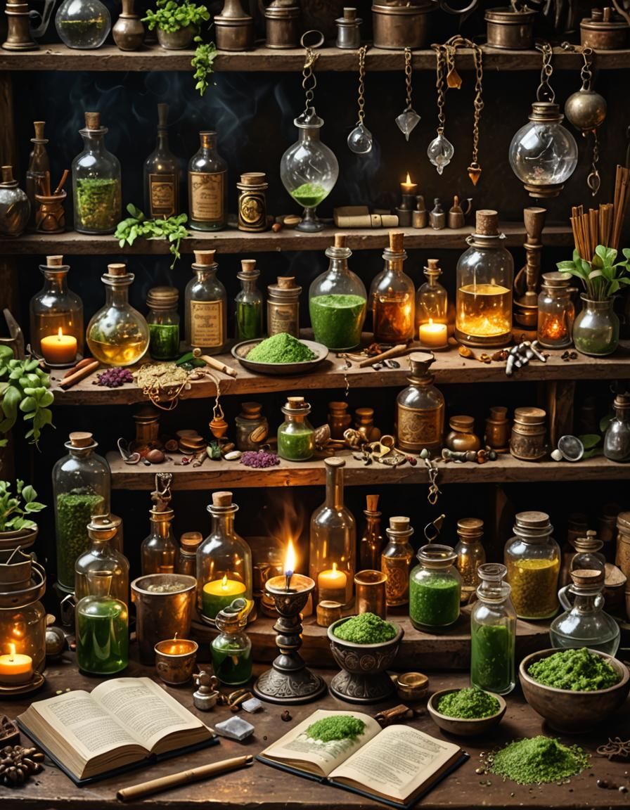 Fantasy Alchemist Workbench with Potions and Spices