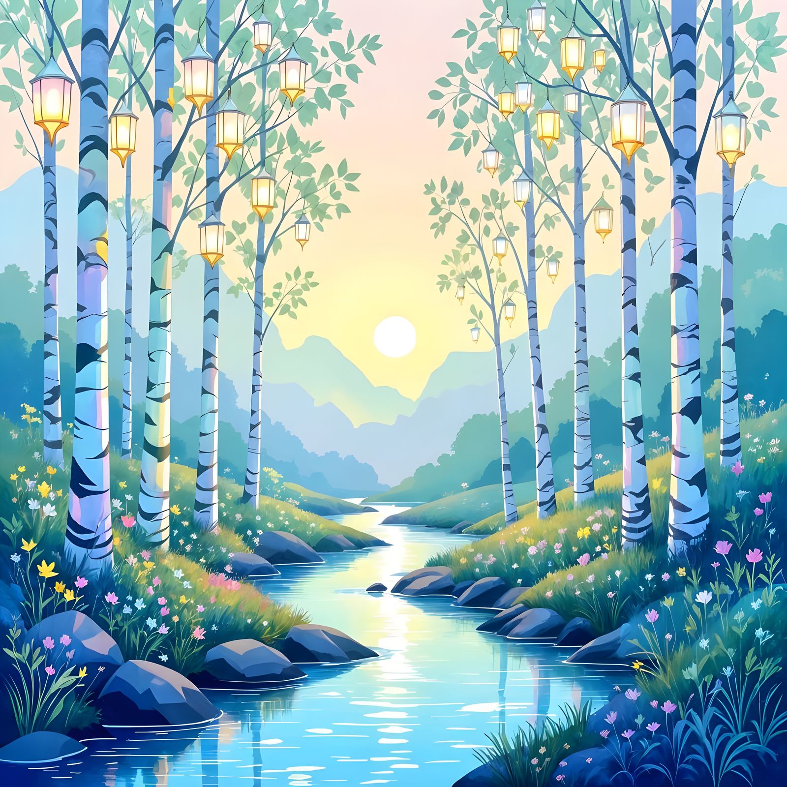 Quartz and Jade Trees in Watercolor Fantasy Landscape