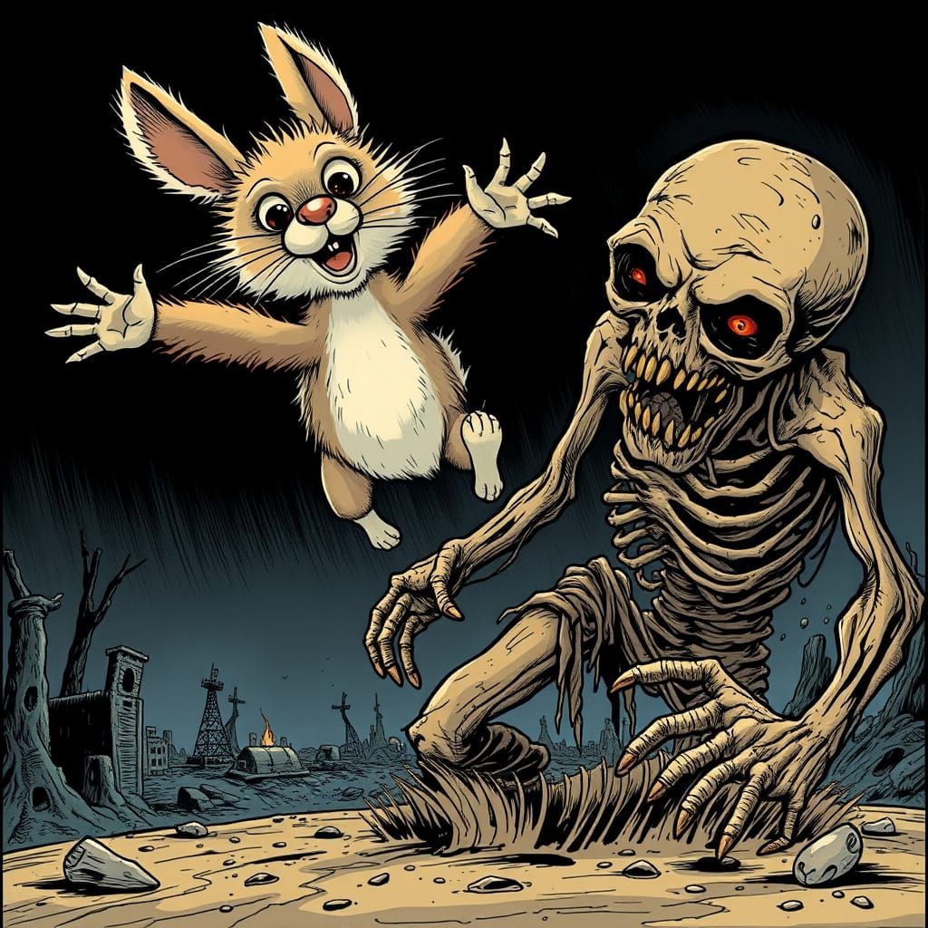 Cute Creature Battles Grotesque Zombie in Dark Post-Apocalyp...