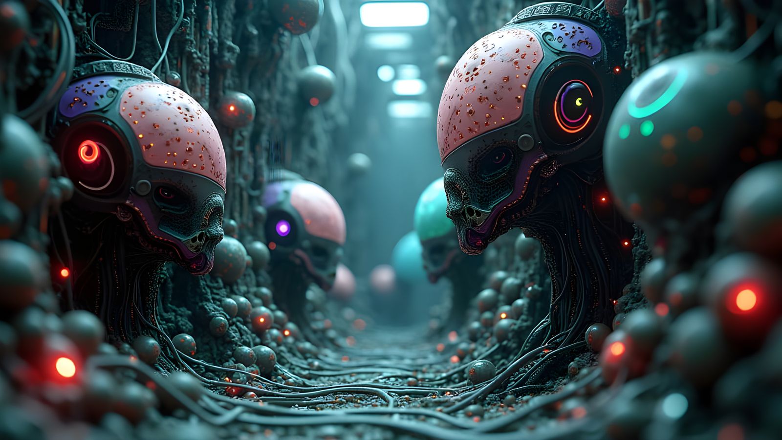 Biomechanical Realm with Glowing Eyes in 3D Render Style