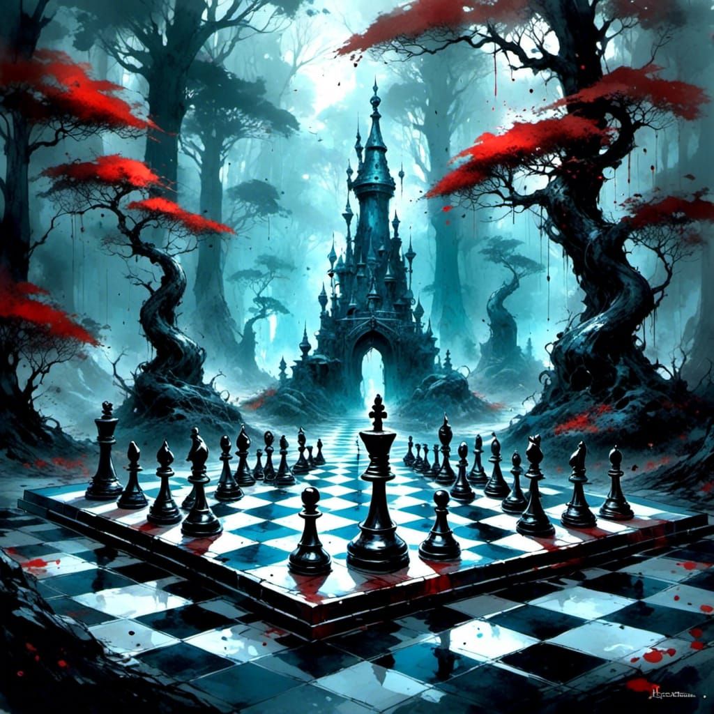 Magical Chess Board in Dark Forest: Digital Painting