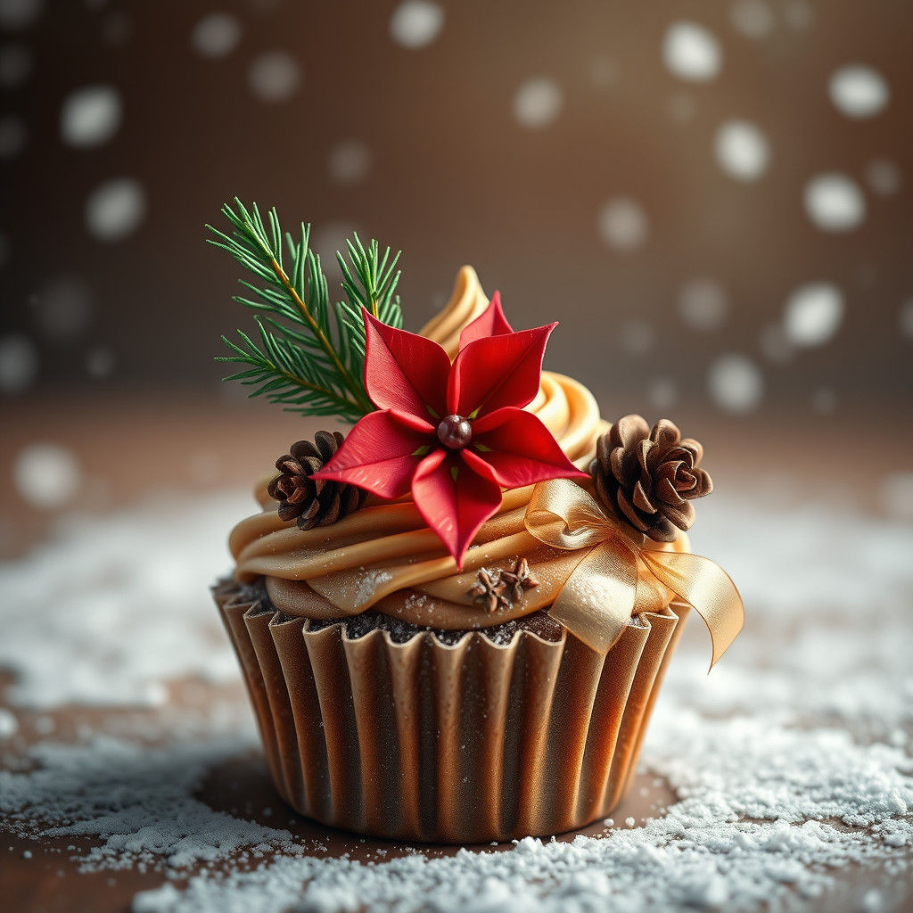 Gingerbread Cupcake with Poinsettia in Matte Painting Style