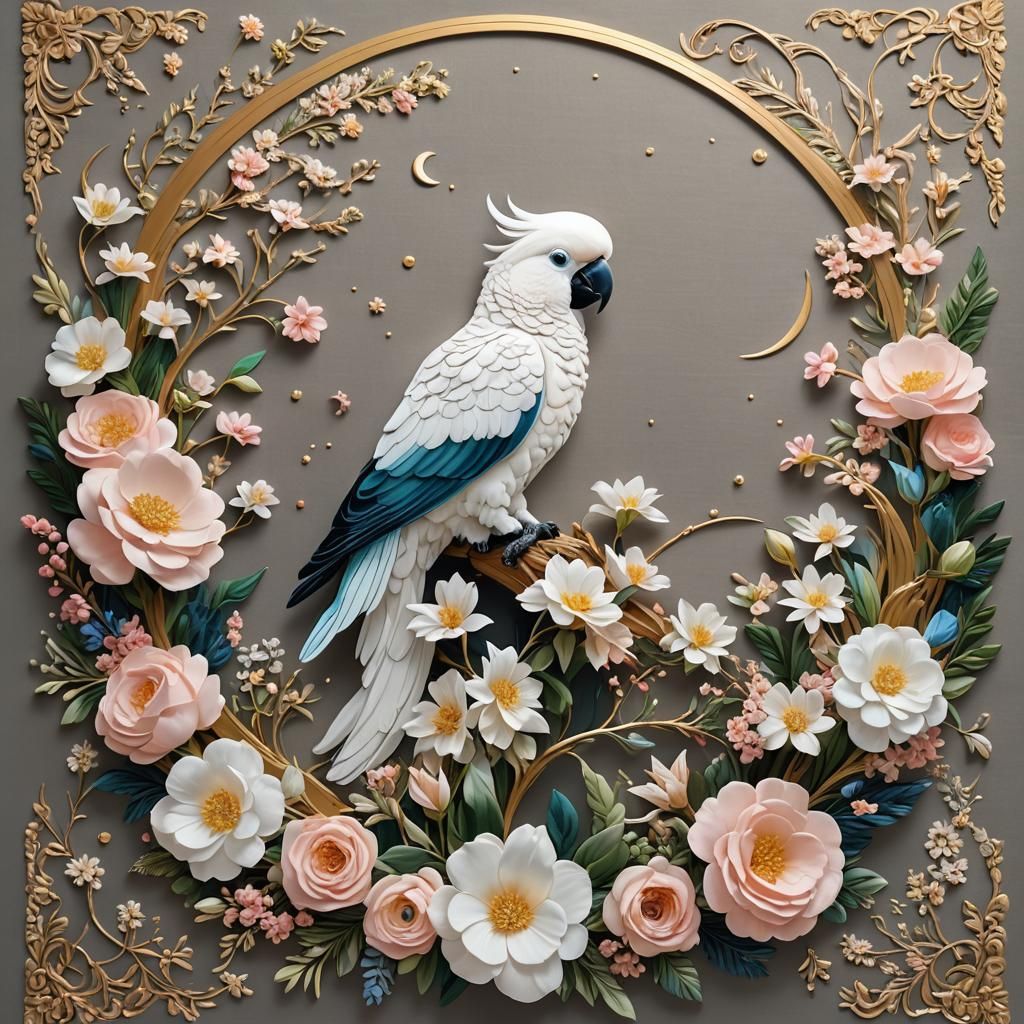 Cockatoo on Moon with Flowers, Tapestry Style