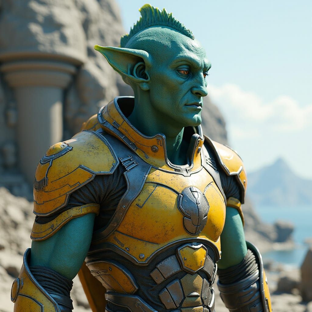 Green Alien Warrior in Futuristic Armor