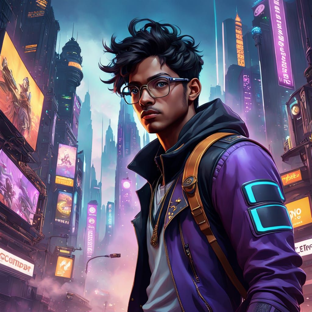 Dark Fantasy Gamer in Vibrant Cityscape