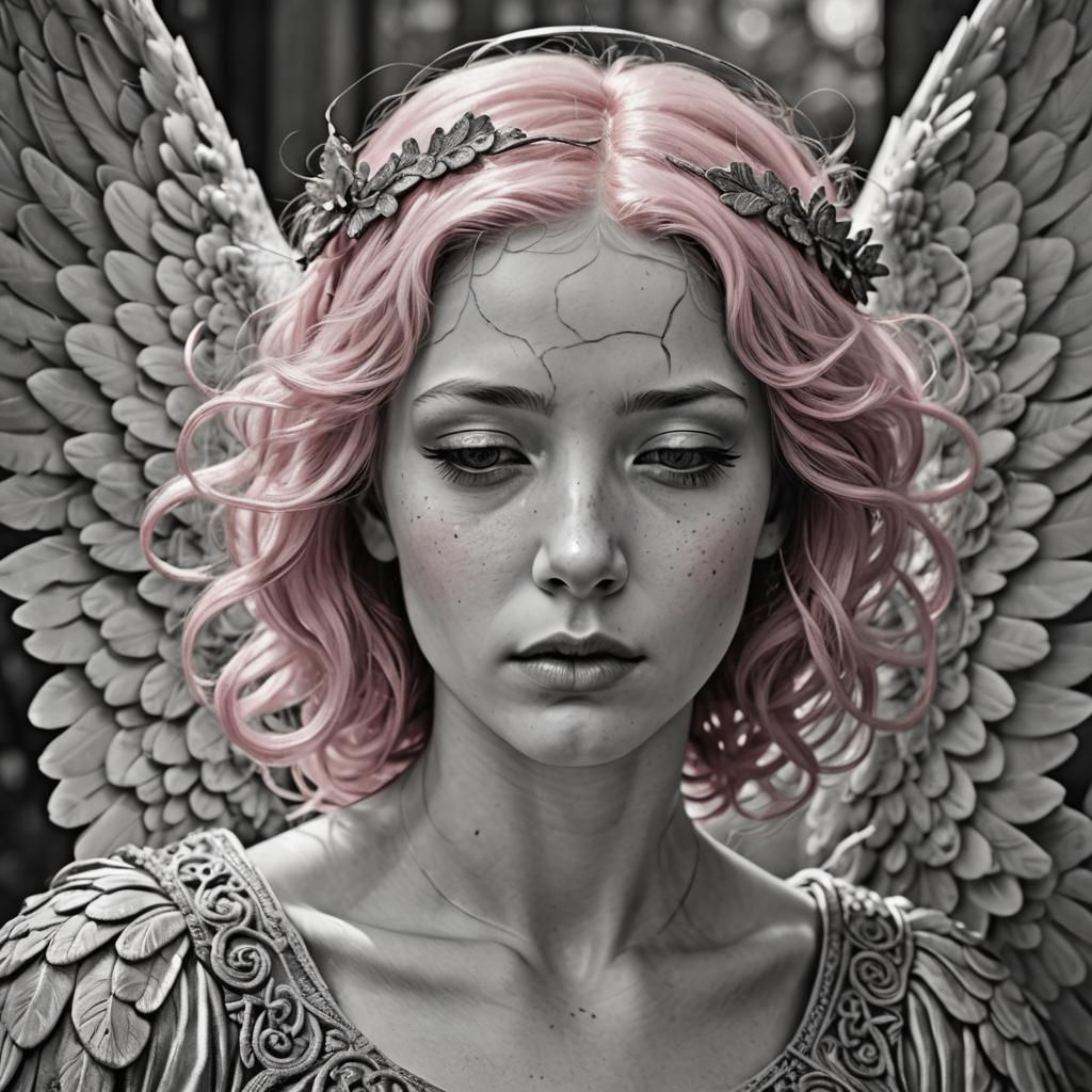 Monochrome Angel with Pink Hair in Drawing Style