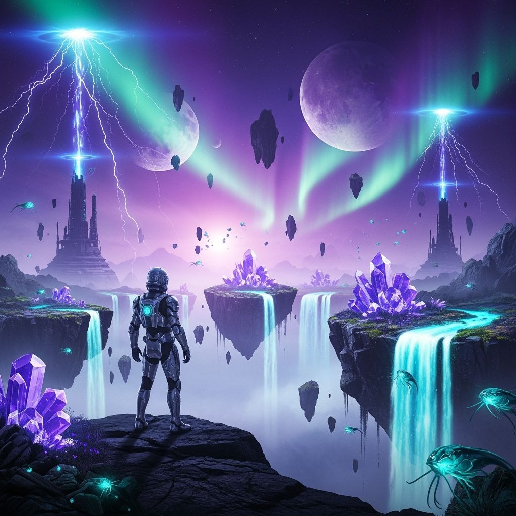 Surreal Alien World with Neon Waterfalls and Crystal Islands
