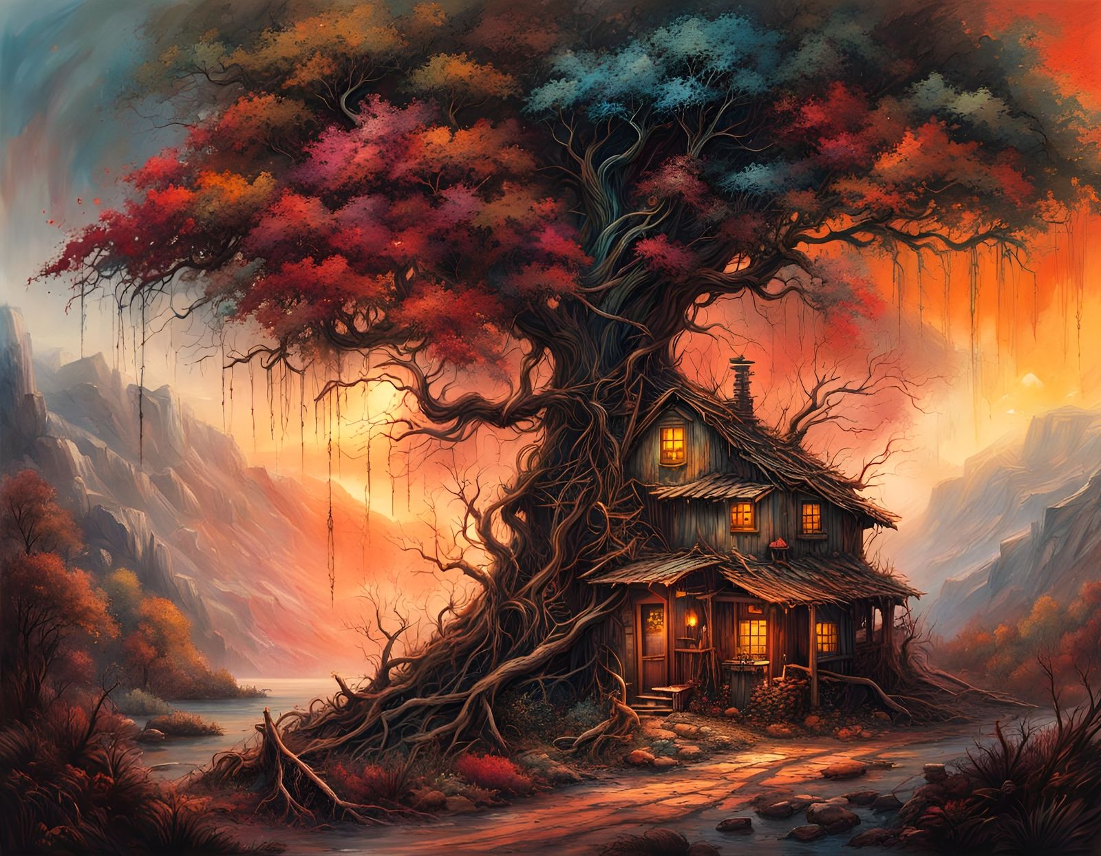 Candy Cane Tree in Watercolor Splash Art Style