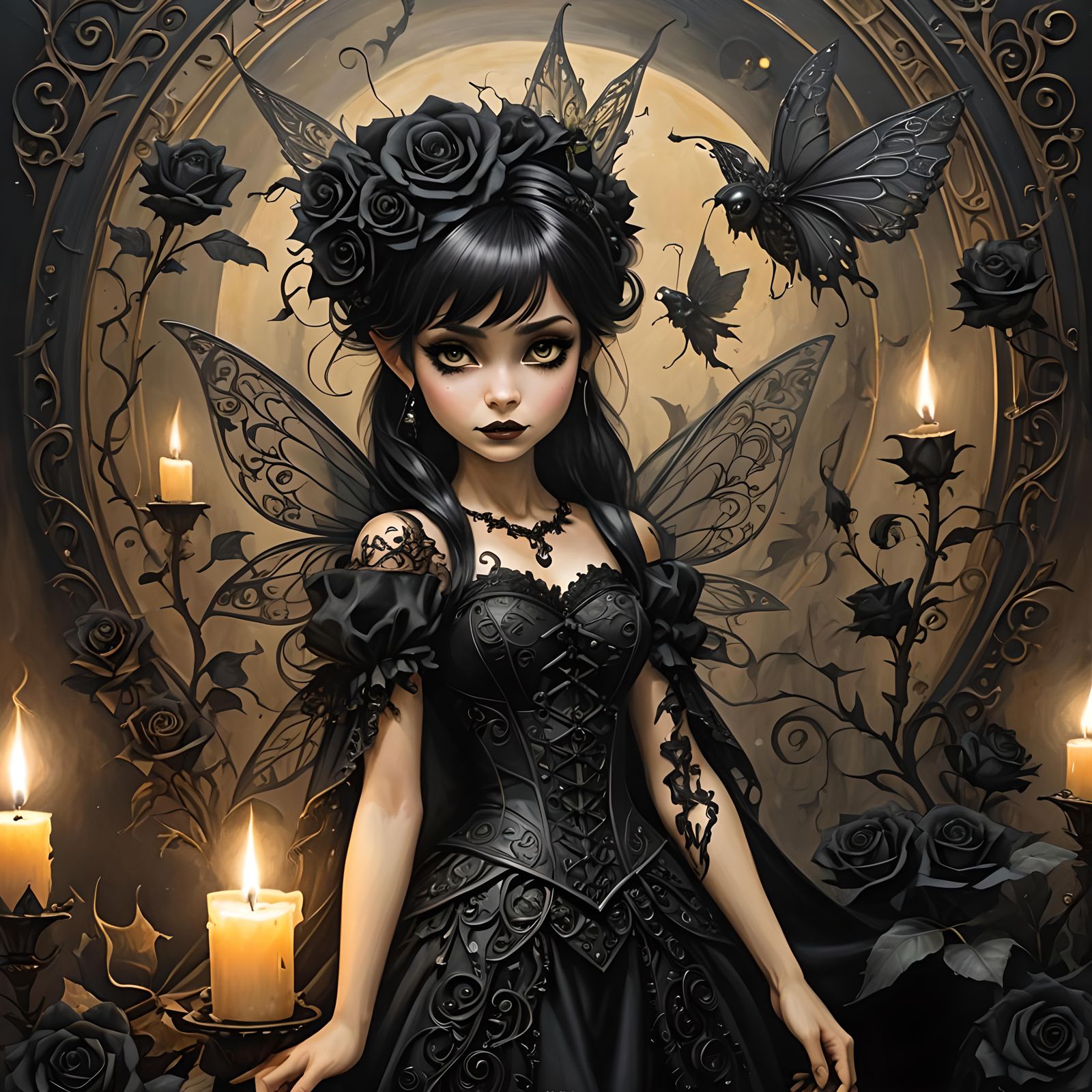 Gothic Tinkerbell with Roses and Candlelight