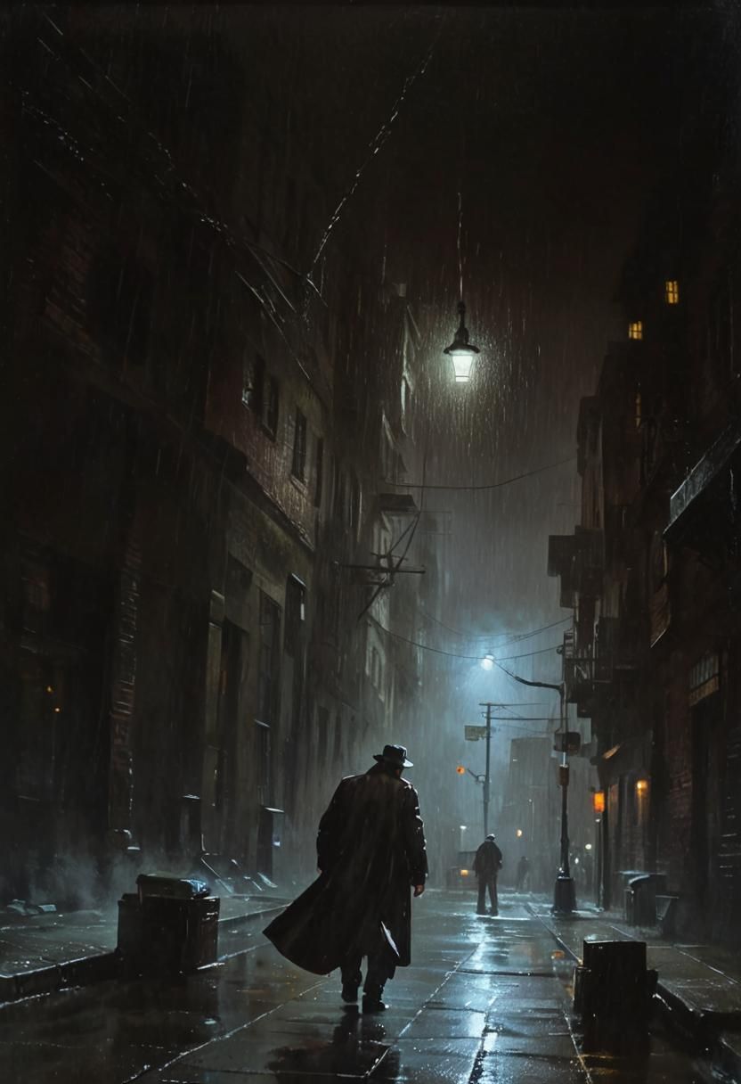 Gritty Urban Noir: Detective Stands Alone in Rainy Night