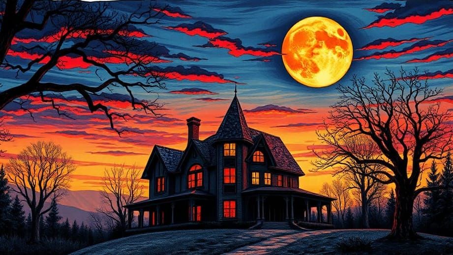 Sunrise over Haunted House in Ink Poster Style