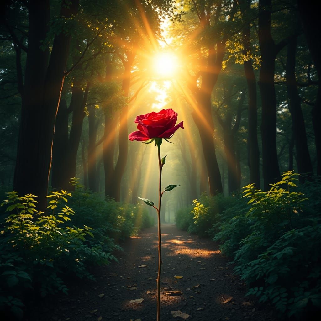 Single Red Rose in Forest, Art Nouveau Style