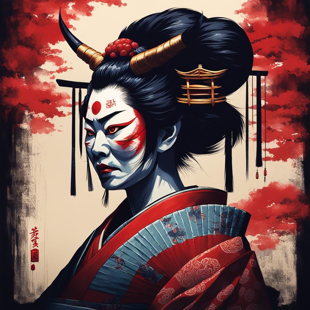 Sinister Oni Geisha in Dark Fantasy Style