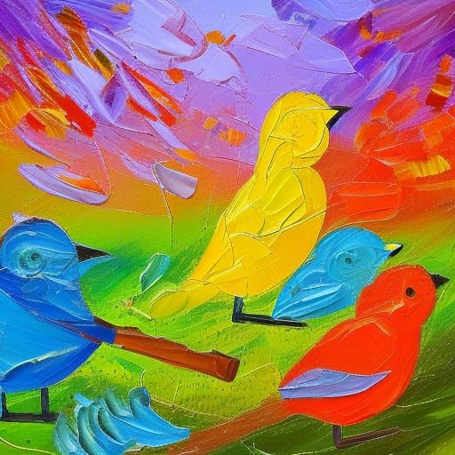 Birds Feeding as Neo-Impressionist Oil Painting