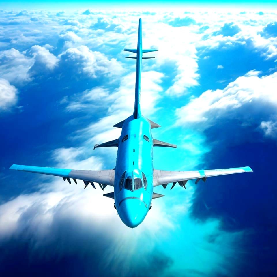 Turquoise Airplane Flies Above Cloudscape