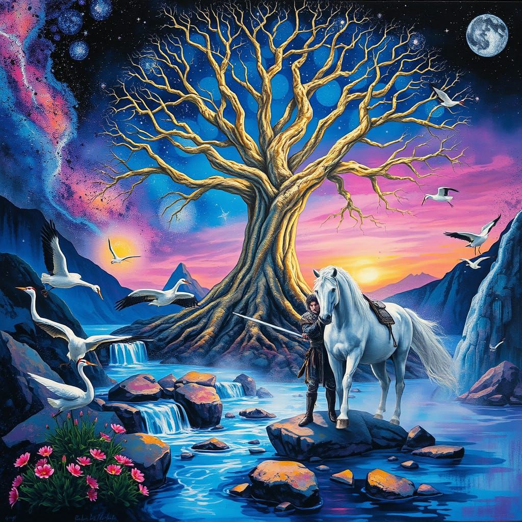 Surrealist Dreamscape with a Golden Tree