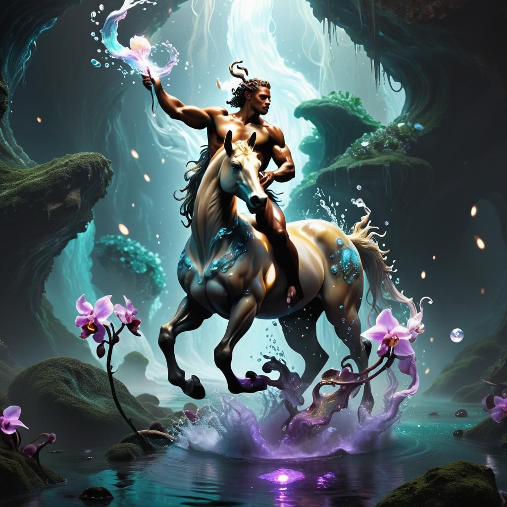 Centaur Galloping Through Swirling Water Elementals