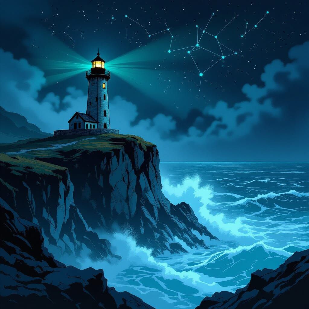 Eerie Lighthouse on Obsidian Coast in Comic Style