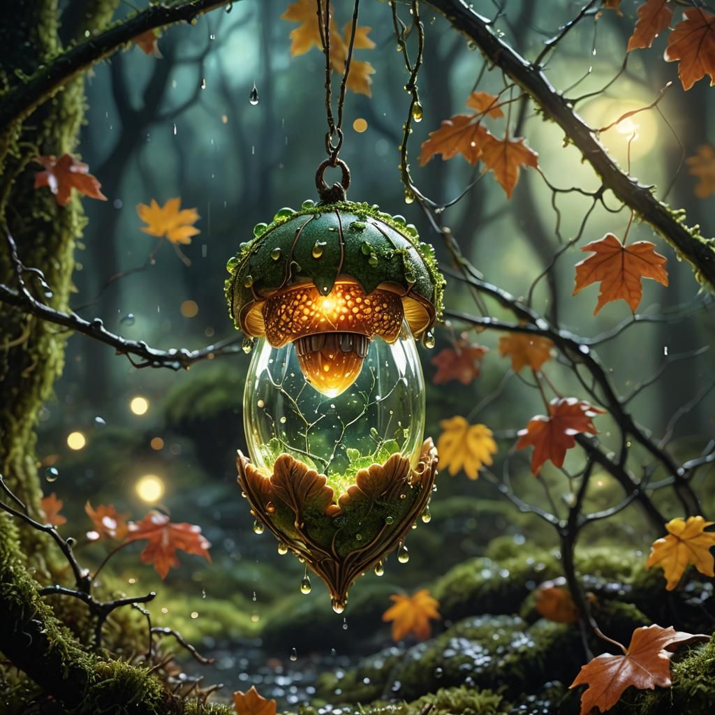 Glowing Acorn in Mossy Web: Digital Matte Painting