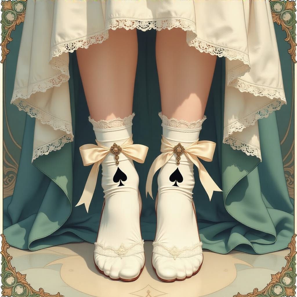 a woman's feet clad in white lace and ribbon ankle socks and...