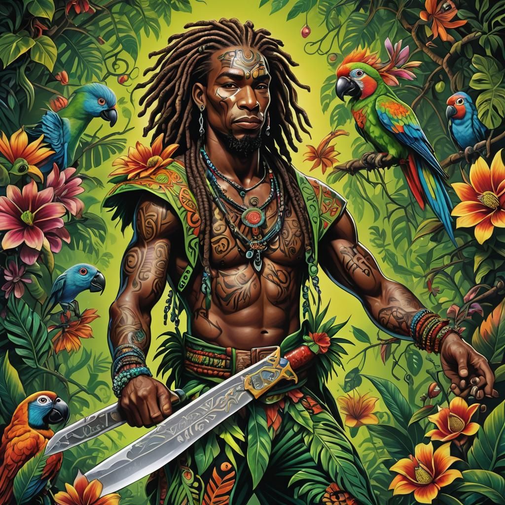 A vivid tattoo-style airbrush of a brown-skinned African American man named Khalil. He is wearing a neon tribal outfit, ...