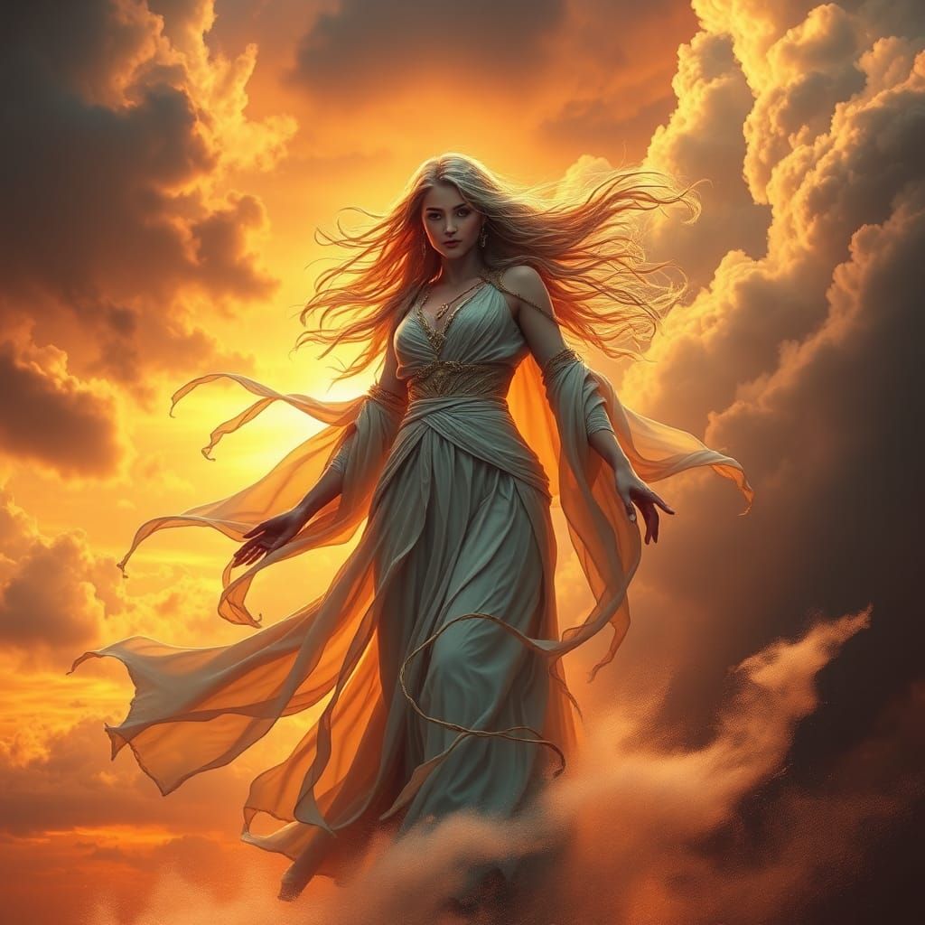 Wind Goddess Amidst a Fiery Sunset