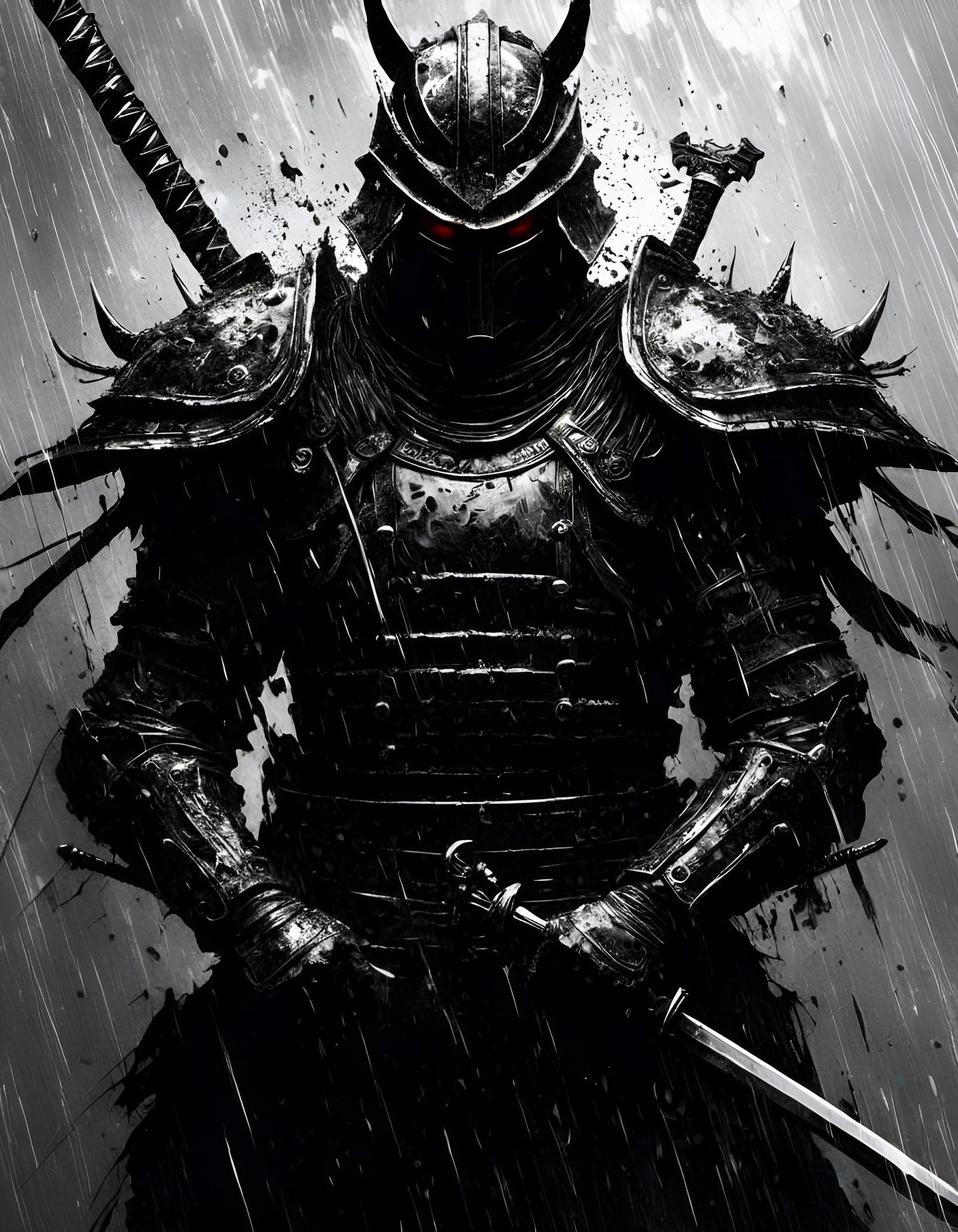 Armored Samurai in Thunderstorm: Macabre Ink Drawing