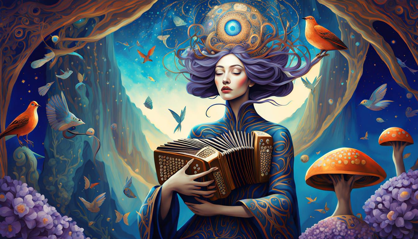 Ethereal Woman Transforms into Birds Amid Cosmic Energy