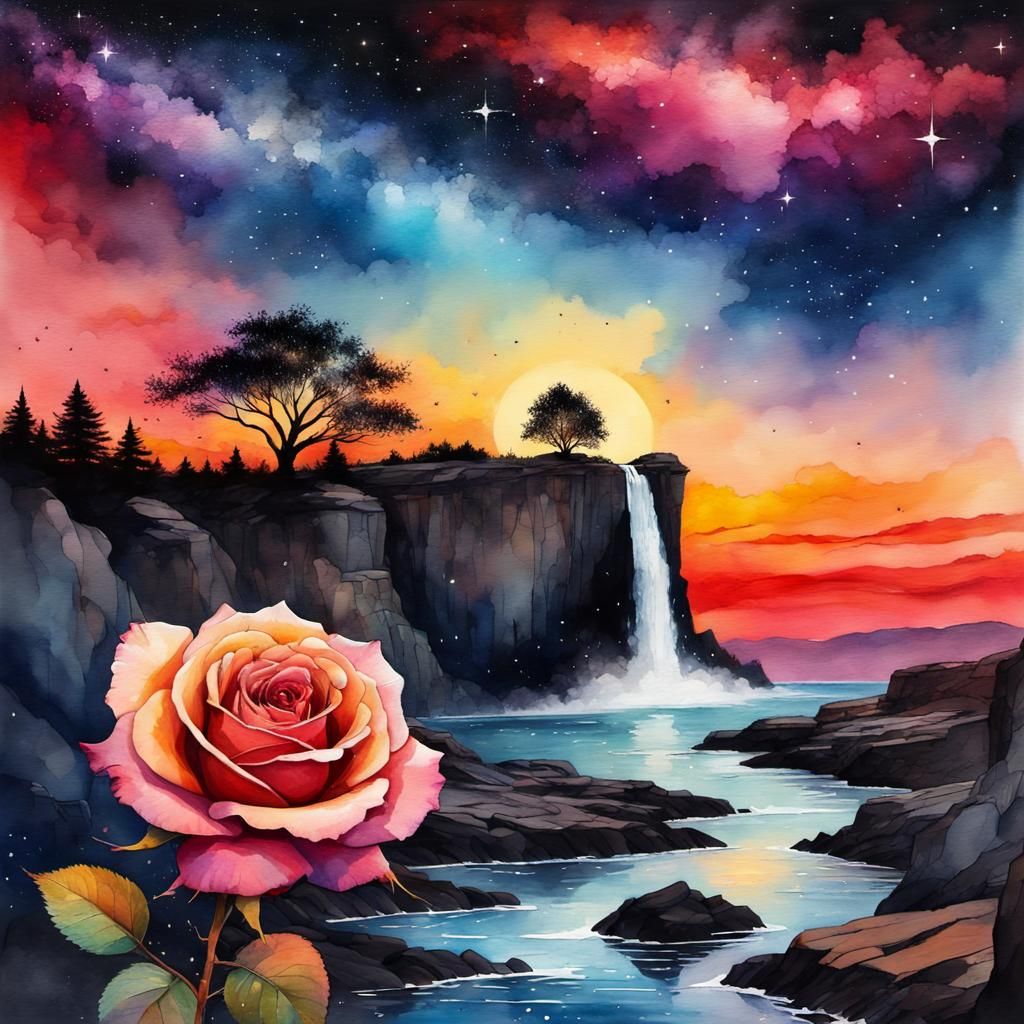 Rose Silhouette on Starry Waterfall, Watercolor Splash Art