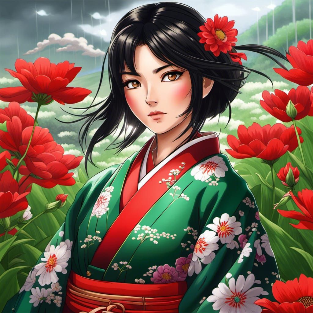 Anime Samurai Woman in Flower Field
