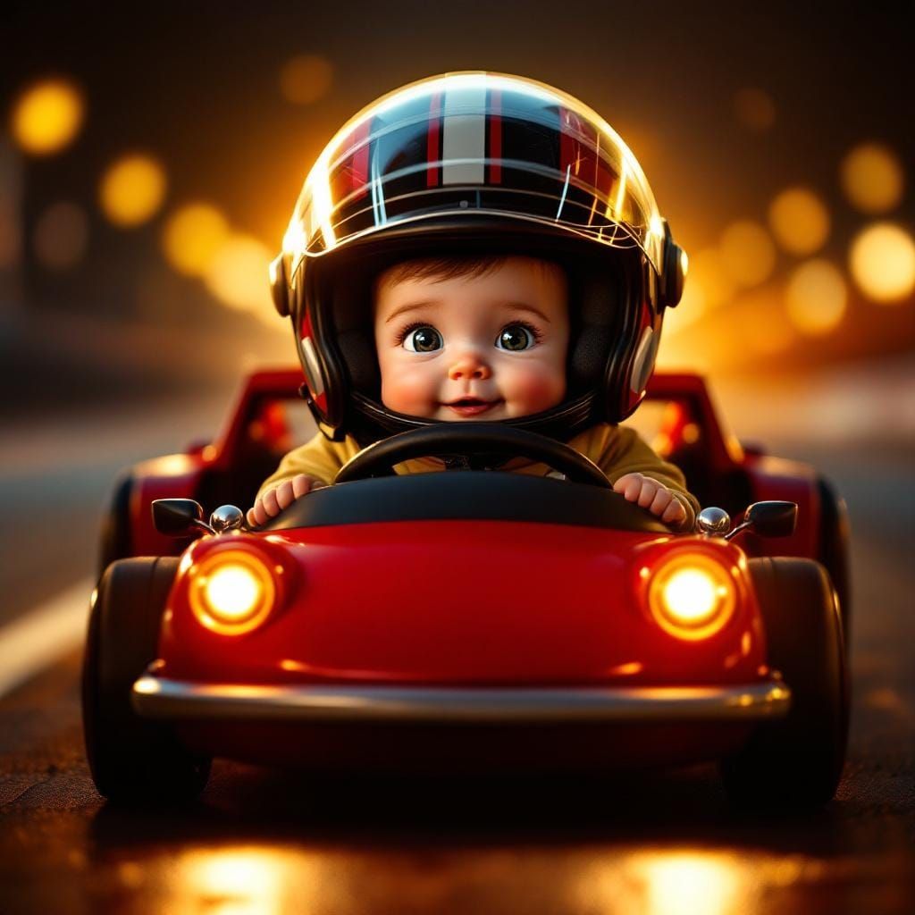 Baby in Red Car with Helmet