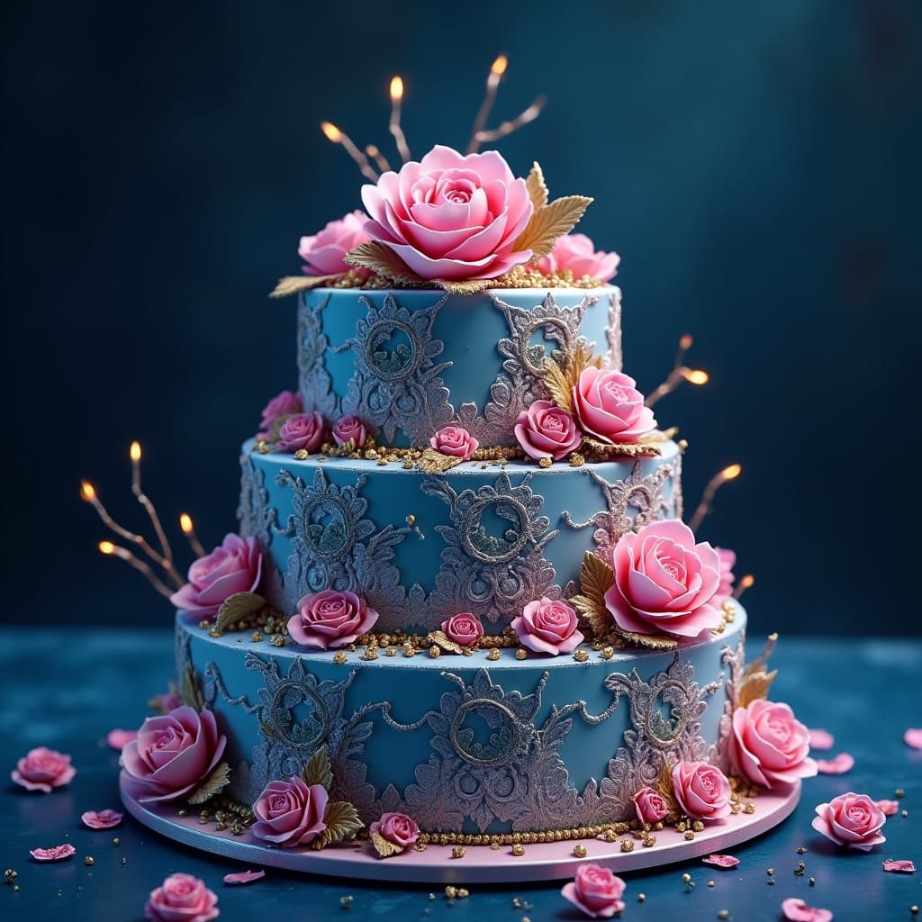 Ornate Birthday Cake with Silver Accents in Fantasy Style