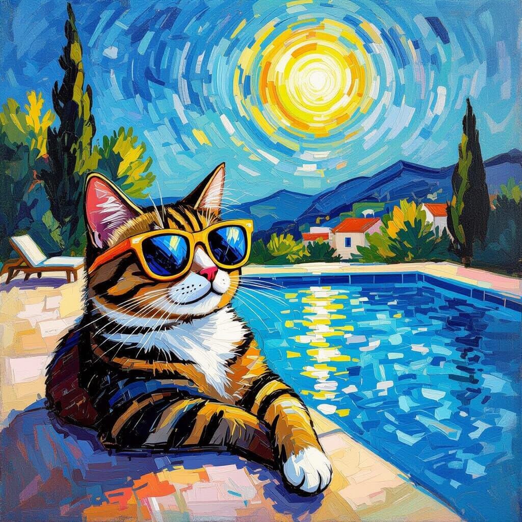 Cool Cat by Pool in Post-Impressionist Cubist Style
